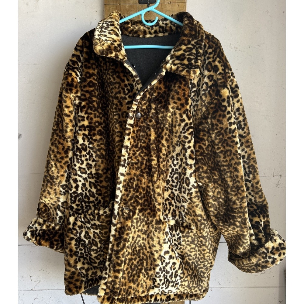Vtg Y2K Reversible Leopard Faux Fur‎ & Denim Coat 2-3XL Oversized Heavy Mobwife